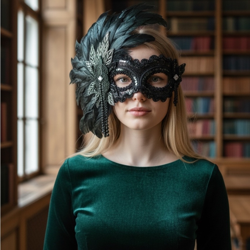 Handmade Emerald / Black Feathered Masquerade Mask